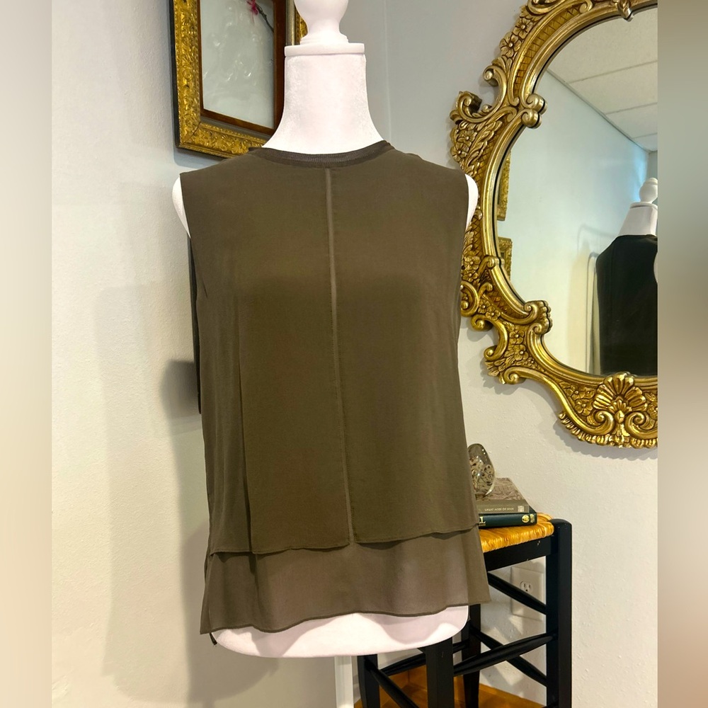 Vince. Olive Green 100% Silk Chiffon Sleeveless Top